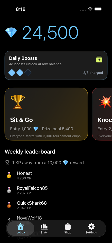 Outs lobby with daily boosts, season reward progress, and the weekly leaderboard