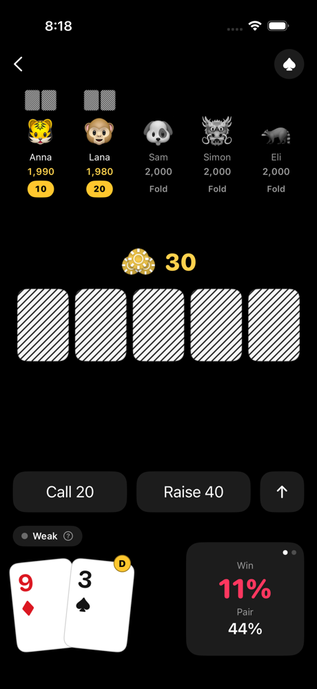 Outs poker table against AI opponents