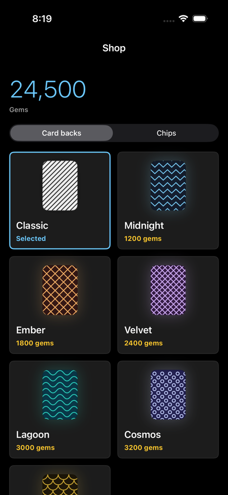 Outs shop with unlockable card backs